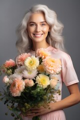 Beautiful woman with gray hair holding a bouquet of flowers. Fictional character created by Generated AI. 