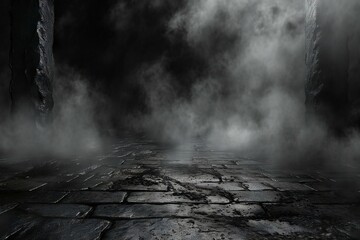 Dark empty room with stone floor and fog