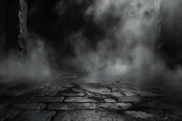 Crédence de cuisine en verre imprimé Gris Dark empty room with stone floor and fog