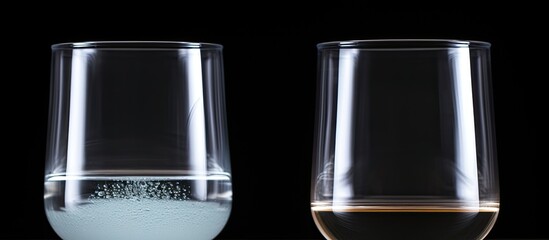 Two drinkware glasses containing liquid, one with water and the other with wine, placed on a sleek black tableware background. Perfect for a classy barware setting