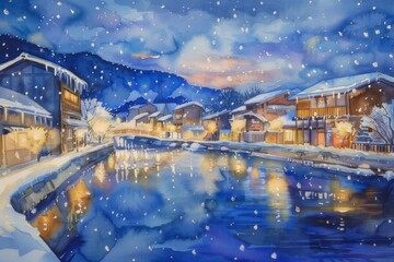 Watercolor illustrations that capture the enchanting atmosphere of the Otaru Snow Trail Festival. which has roads lit with lights