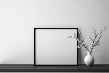 Black framed white vase with white flower in it sits on shelf