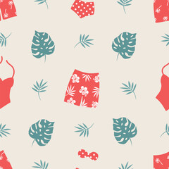 Summer background. Seamless pattern with red swimsuits, green tropical leaves. Vector illustration on beige background