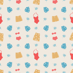 Summer print. Seamless pattern with red and yellow swimsuits, blue tropical leaves. Vector illustration on beige background