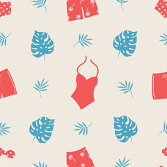 Summer background. Seamless pattern with red swimsuits, blue tropical leaves. Vector illustration on beige background