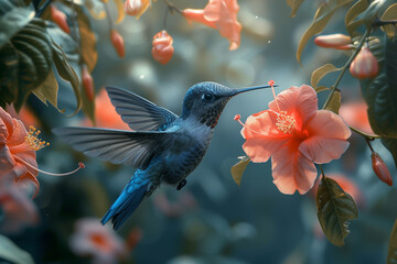 Big blue hummingbird Violet Sabrewing flying next to beautiful red flower with clear green forest nature in background. Tinny bird fly in jungle