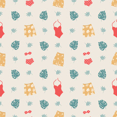 Summer pattern. Seamless template with red swimsuits, yellow swimming trunks, green tropical leaves. Vector illustration on beige background
