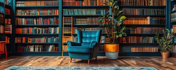 modern library with cozy armchair and book shelves with books arranged in room with potted plant