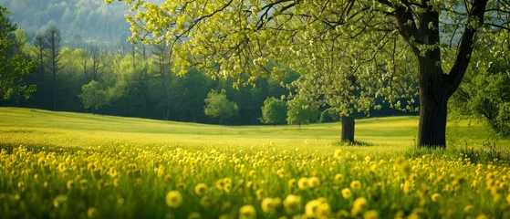 Cercles muraux Couleur miel Beautiful spring nature landscape with blooming trees. Scenery meadow, green hills, glade with flowers on sunny day. Springtime. Generative ai 