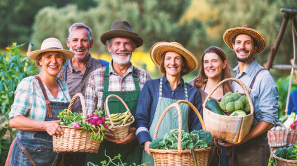 Group of rural farmers standing smiling holding agricultural products.