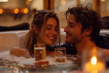 Happy young beautiful couple relaxing in jacuzzi bath on luxury hotel spa resort.