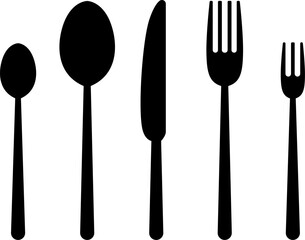 Cutlery icon. Spoon, forks, knife. Menu symbol. Restaurant icon. Food, plate, fork, knife, spoon, cutlery icon set. Vector illustration