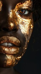 portrait with closeup of African American female with gold paint on face and body and golden against dark background