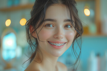 Elegant young adult woman sitting in dental chair, dental braces concept