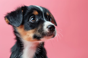 Close-up banner with puppy dog, isolated on pink background with copy space
