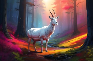 A portrait of addax in the colorful forest - obrazy, fototapety, plakaty