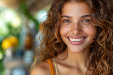 Diet. Nutrition. Healthy eating. Close up portrait of a curly beautiful girl