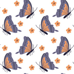 Spring butterfly with flowers seamless pattern. Flat hand drawn colored elements on white background. Unique print design for textile, wallpaper, interior, wrapping. Spring concept