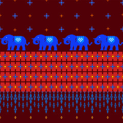 blue elephant fabric pattern on a red background. which has a Thai ethnic pixel pattern like a cross-stitch pattern.