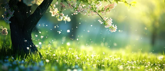 Foto op Aluminium  Beautiful spring nature landscape with blooming trees. Meadow, green hills, glade with flowers on sunny day. Generative ai © Inai