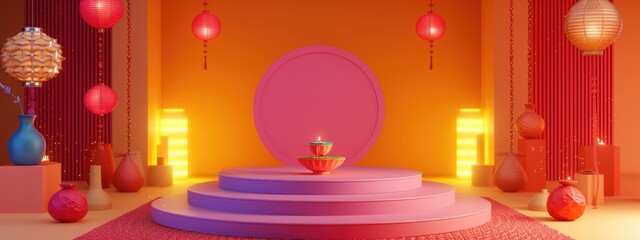 Intricate Asian-inspired Decoration - Paper Lanterns Hang from Ceiling and Empty Frame on Podium, Chinese New Year Banner or Header.