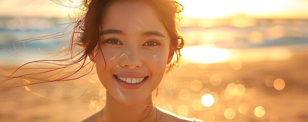 Stunning Asian Woman Smiling Portrait - Sun protection concept - Beach salty hair with Sand on Skin - obrazy, fototapety, plakaty