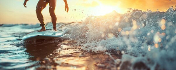 Surfer practicing surfing on wavy sea with splashing water