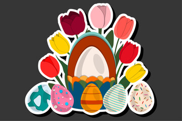 Illustration on theme celebration holiday Easter with hunt colorful bright eggs, banner consisting of hunt different Easter eggs, beautiful Easter eggs are main accessory at abstract background