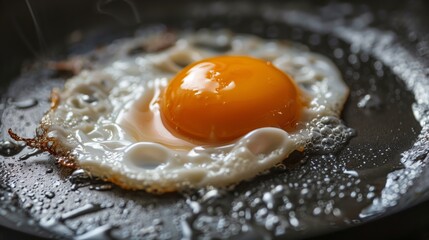 A fried egg is sitting on a pan with a lot of oil - obrazy, fototapety, plakaty