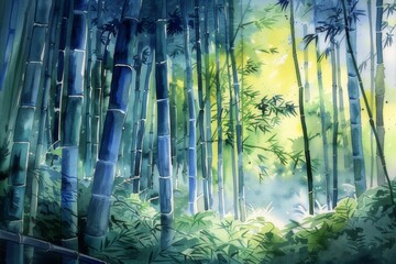 Watercolor of Arashiyama Bamboo Forest Capture the tranquil atmosphere and towering bamboo trees.