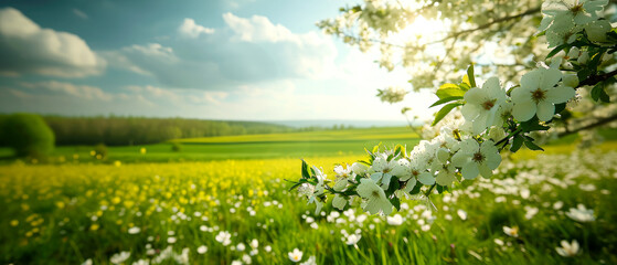 Fototapeta premium Beautiful spring nature landscape with blooming trees. Scenery meadow, green hills, glade with flowers on sunny day. Springtime. Generative ai 