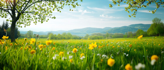 Obraz premium Beautiful spring nature landscape with blooming trees. Meadow, green hills, glade with flowers on sunny day. Mountains view. Springtime. Generative ai