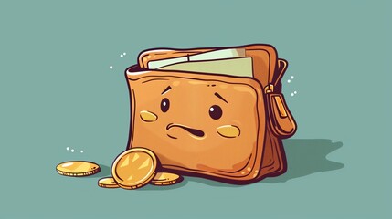 A cartoonish purse with a frowning face and a few coins inside