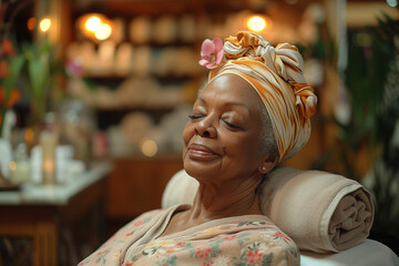 Elderly black woman at spa - obrazy, fototapety, plakaty