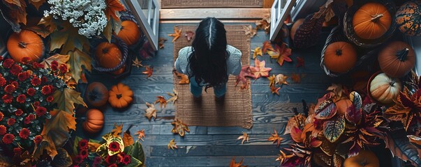 Top view of woman standing in doorway surrounded by fall decor.