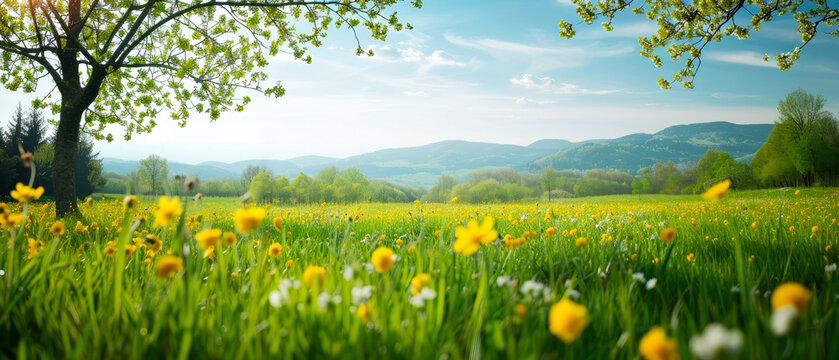 Beautiful spring nature landscape with blooming trees. Meadow, green hills, glade with flowers on sunny day. Mountains view. Springtime. Generative ai