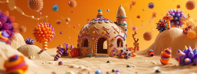 Captivating dessert palace inspired by Arabian, intricately designed with various patterns and decorations. - obrazy, fototapety, plakaty