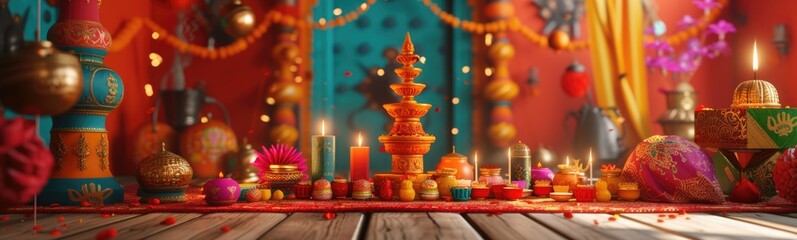 Aesthetic arrangement of illuminated candles and decorations object placed on wooden table. Indian-Style.