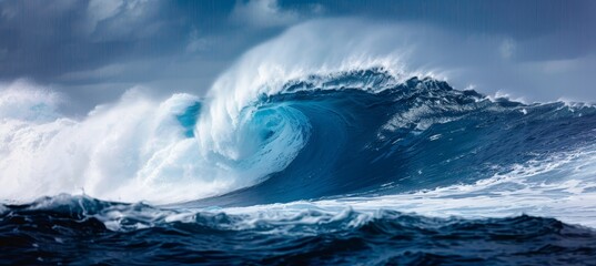 Colossal ocean wave at sunset, showcasing its majestic power and size against the sky.