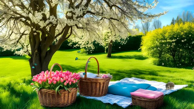 flowers in a basket on mat with a hedgehog. Seamless looping time lapse 4k video animation background