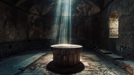 Ancient Stone Pedestal in Dim Chamber