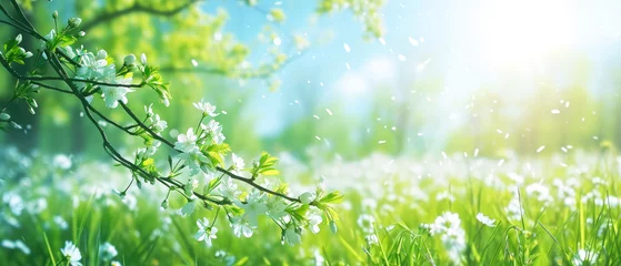 Outdoor kussens Beautiful spring nature landscape with blooming trees. Scenery meadow, green hills, glade with flowers on sunny day. Springtime. Generative ai  © Inai