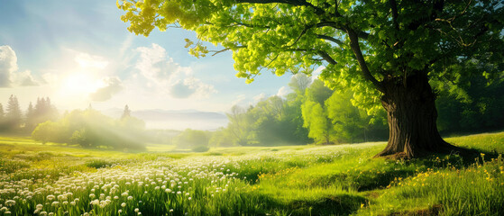 Beautiful spring nature landscape with blooming trees. Scenery meadow, green hills, glade with flowers on sunny day. Springtime. Generative ai  - obrazy, fototapety, plakaty
