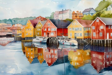 A watercolor image of the colorful and historic boathouses that line the Nidelva River in Trondheim. Norway - obrazy, fototapety, plakaty