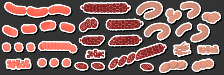 Illustration on theme big set different types delicatessen meat sausages