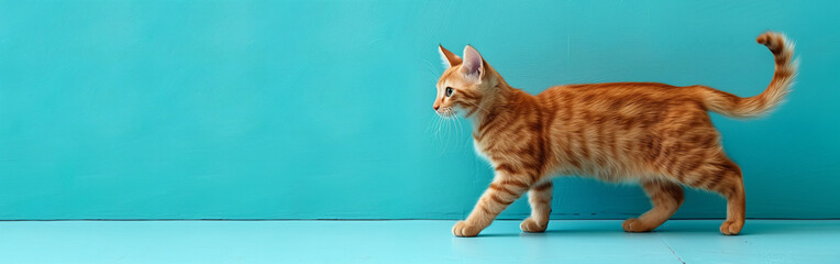Banner ginger orange cat walking on a light blue background 