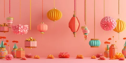 Wandcirkels tuinposter Colorful Decorations - Oriental Ornaments Hanging on a Pink Wall © shelbys