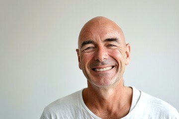 bald happy man, no hair problems on white background - obrazy, fototapety, plakaty