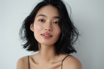 portrait of Asian woman with clear skin, black hair and light makeup - obrazy, fototapety, plakaty