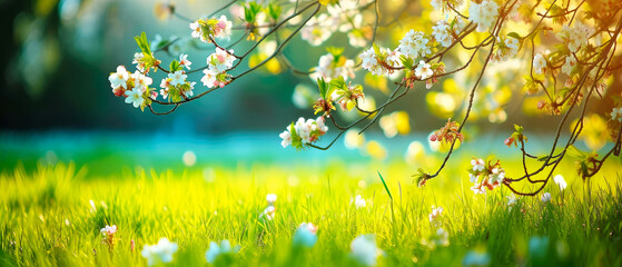 Close up of cherry blossom tree. Beautiful spring nature landscape with blooming trees. Meadow, green hills, glade with flowers on sunny day. Generative ai